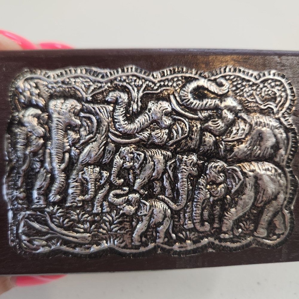 Vintage Elephant Silver Tone Wood Trinket Box Eclectic Boho Home Decor - Picture 3 of 7